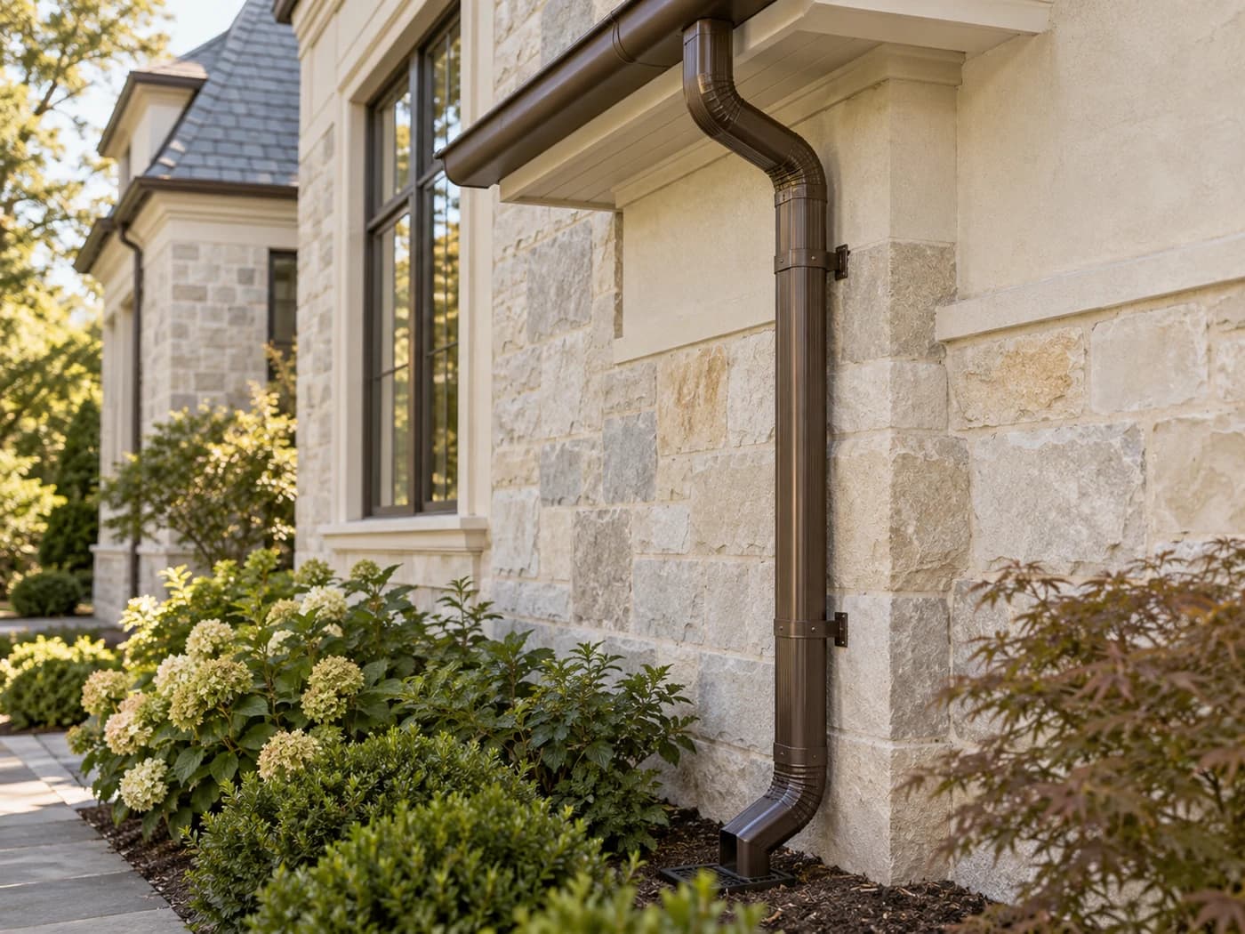 Thoughtful downspout placement — illustrative gutter design