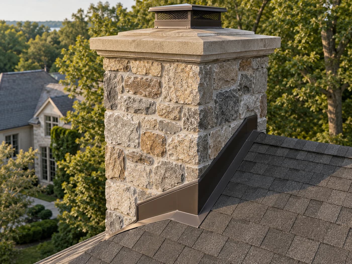Design inspiration: fieldstone chimney and refined roof flashing