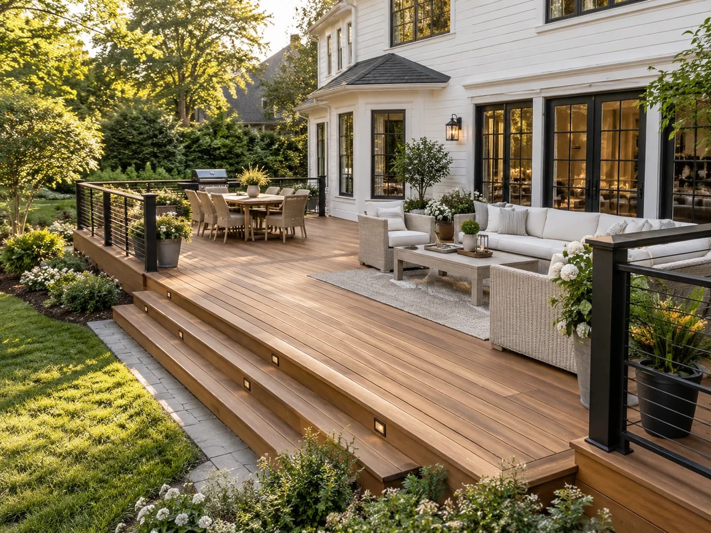 Design inspiration: elegant cedar-toned deck connected to an ivory home and green garden