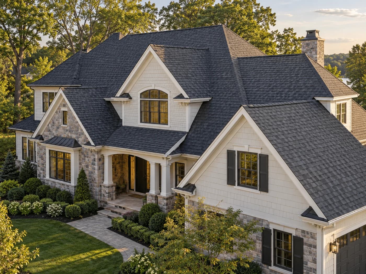 Design inspiration: charcoal shingle roof on an ivory and stone home