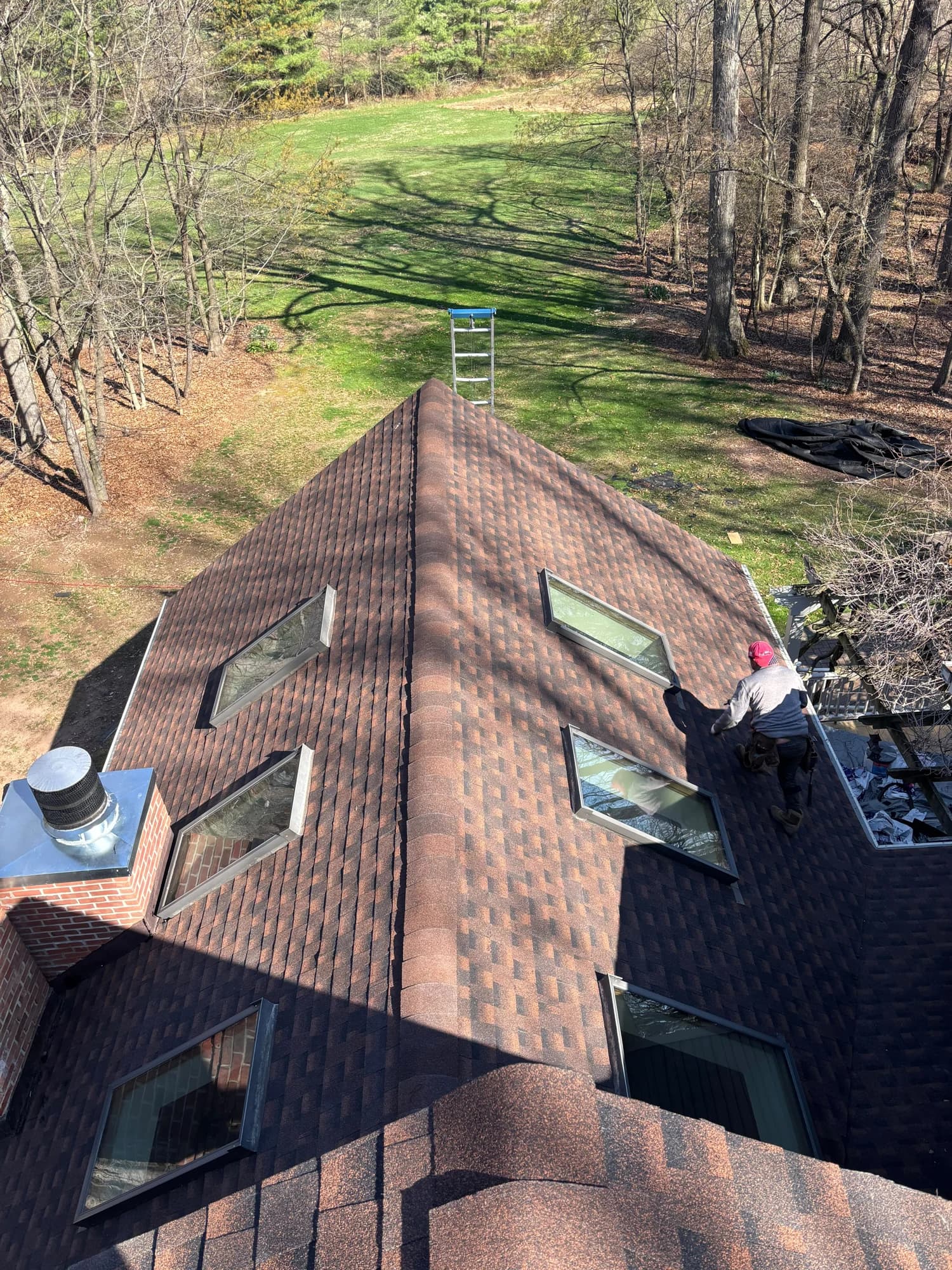 Brown roof ridges and skylights with a worker at the lower roof section